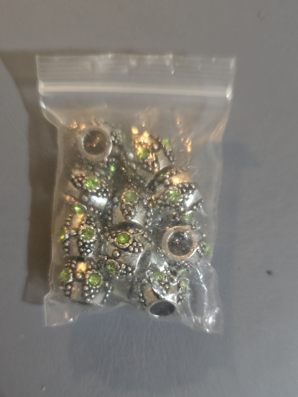 Silver Bead Charms with Green Accents